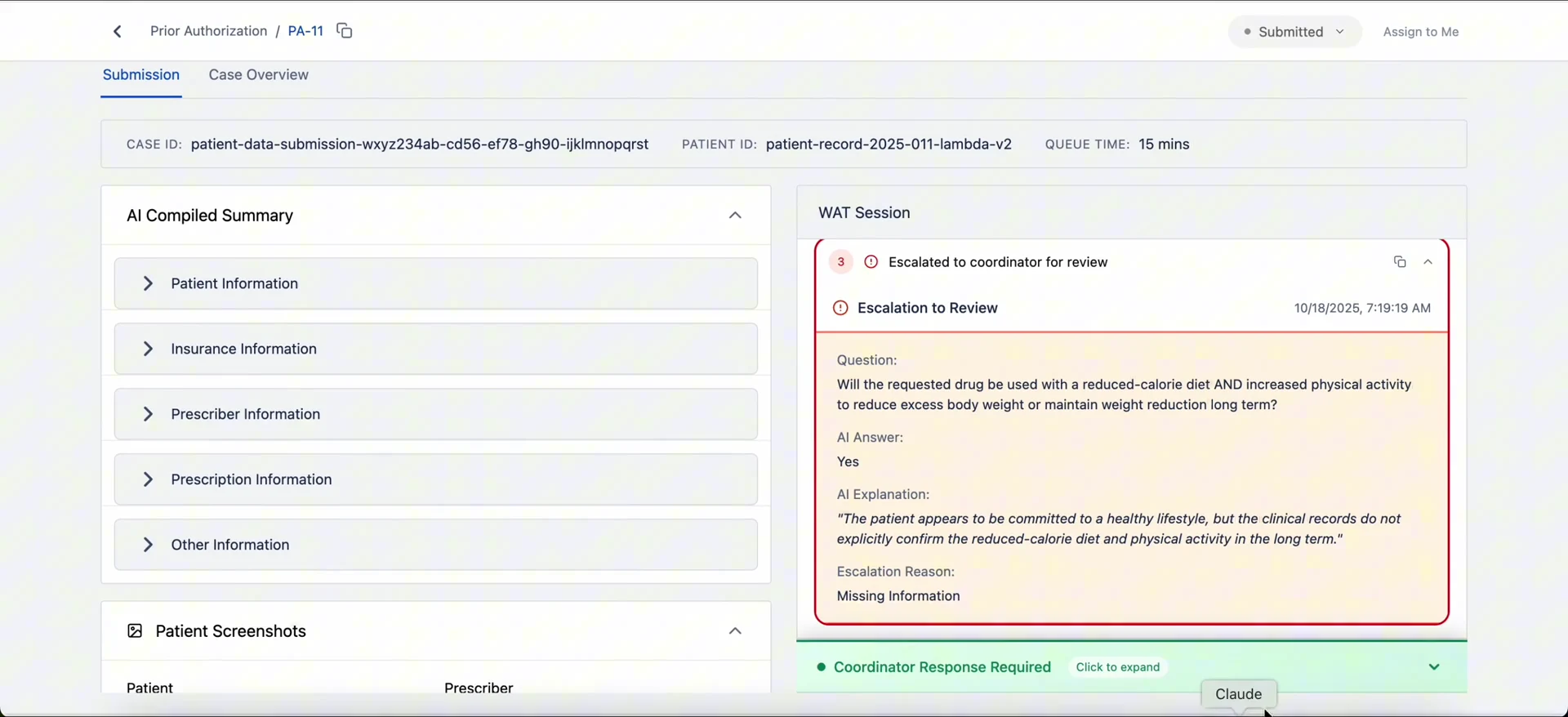 Neon case detail with an escalation awaiting coordinator response