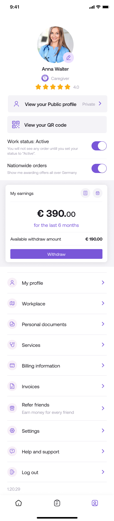 Caregiver app — Manage earnings