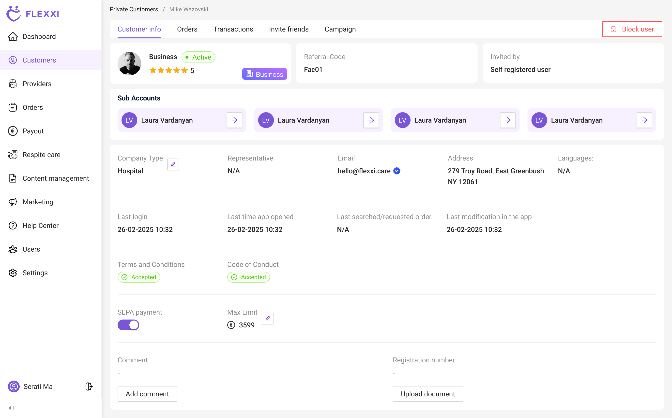 Flexxi admin — caregiver and customer profile management