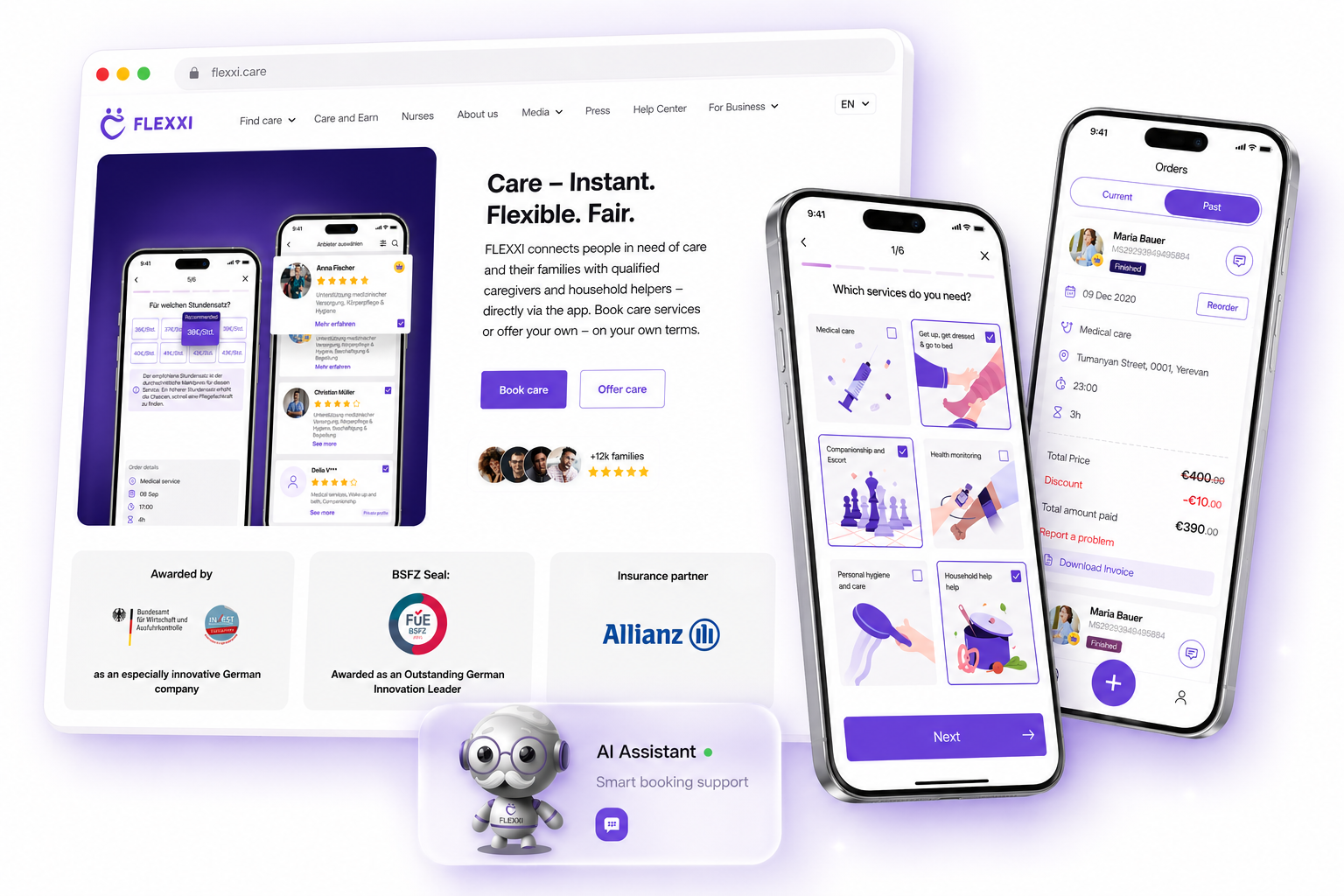 Flexxi Care multi-platform ecosystem — web, mobile, and operational screens